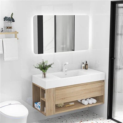 Vaidade de banheiro com acabamento melamínico e pia